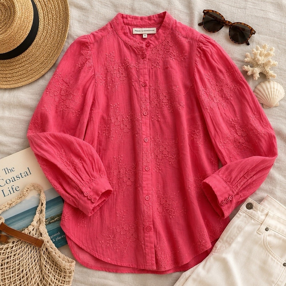 Anthropologie Pilcro Button Down Top Blouse Sz M Cotton Floral Embroidered Boho